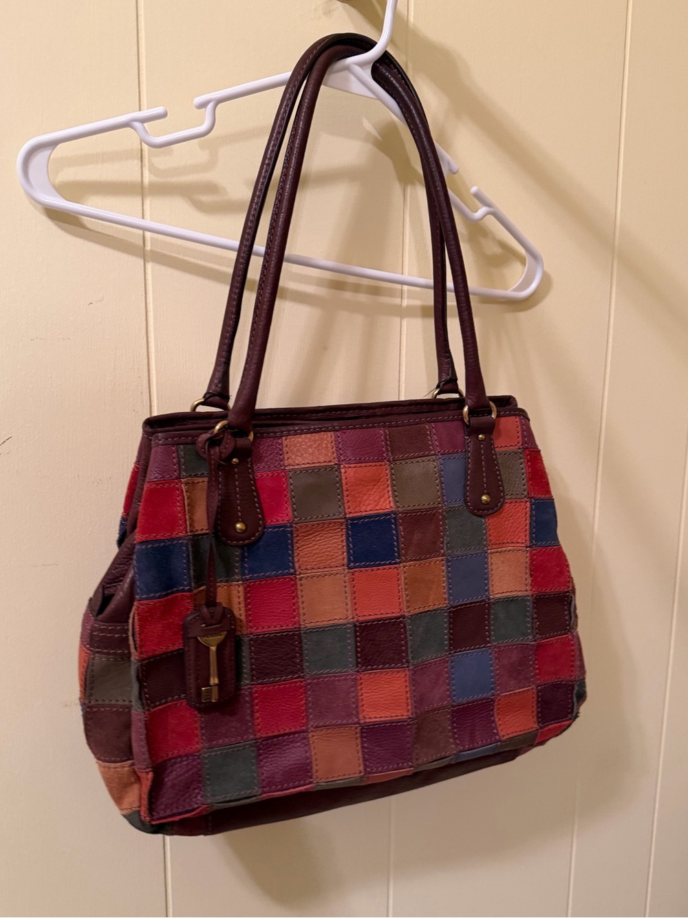Fossil Y2K Multicolor Patchwork Leather Tote Bag - Brown Trim